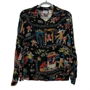 Chico’s Size 1 Semi-sheer Button Up Long Sleeve Multicolor Novelty‎ Print Blouse